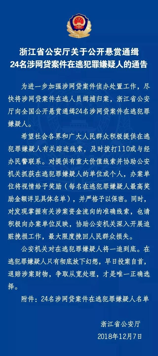 浙江省公安厅公开悬赏通缉24名涉网贷案件在逃犯罪嫌疑人