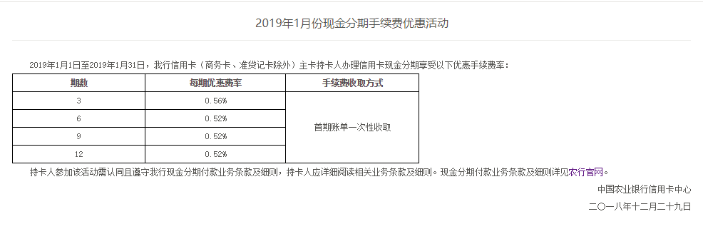 2019年1月份农行信用卡现金分期手续费优惠活动