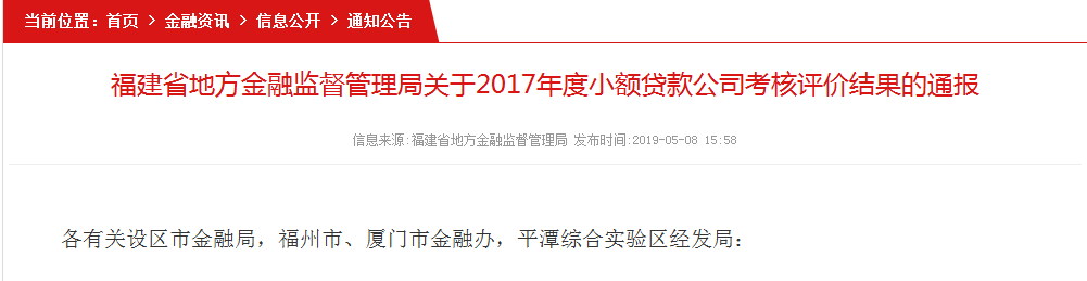 福建省120家小额贷款公司2017年度考核评价结果